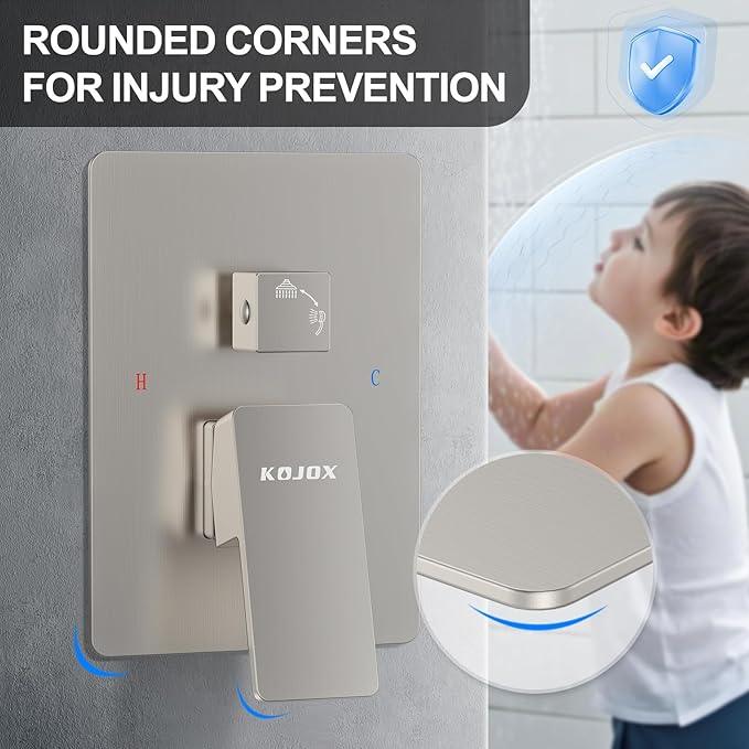 KOJOX Shower System with High Pressure 12 Inch Rainfall Shower Head, Handheld Shower head and Shower Faucet Trim valve, Bathroom Luxury Rain Mixer Shower Set Wall Mounted Brushed Nickel - ModernBath