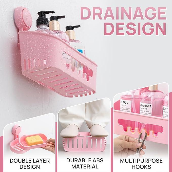 LEVERLOC Shower Caddy Suction Cup Set Shower Organizer & Soap Holder & Toothbrush Holder, Bathroom Shelf Basket NO-Drilling, Removable Suction Storage Waterproof Bathroom Caddy, Pink - ModernBath