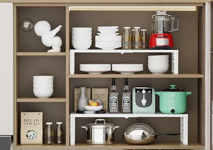 Expandable Cabinet Shelf Organizer Storage Spice Rack Shelves for Kitchen Stackable Adjustable Pantry Cupboard Bathroom Countertop Desktop(1Pack/White/Large-with Hole) - ModernBath