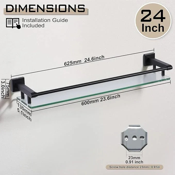 Glass Shelf for Bathroom Wall Sheves 24 inch Rectangular Stainless Steel Tempered Glass Modern Stainless Steel Wall Mount Accessories Organizers Storage (Matte Black) - ModernBath