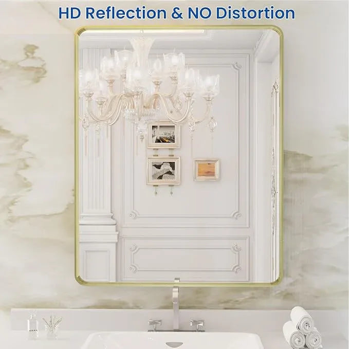 WEER Gold Bathroom Mirror, 28X36 Inch Brushed Gold Metal Frame Mirror, Rounded Rectangle Gold Bathroom Vanity Mirror for Wall, Tempered Glass, Anti-Rust, Hangs Horizontally or Vertically - ModernBath