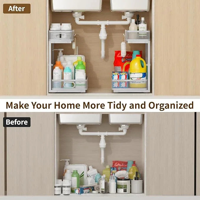 Under Sink Organizer 2 Pack, 2-Tier Slide Out Cabinet Organizer with Metal Sliding Drawer and Hooks, Pull Out Storage Baskets for Kitchen Bathroom Pantry Cabinet Organization (grey) - ModernBath