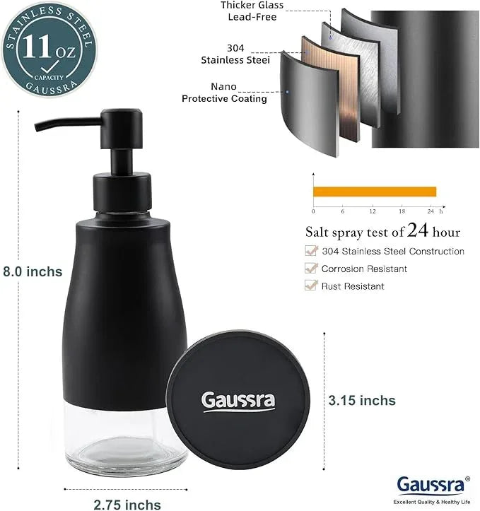 Gaussra Black Soap Dispenser with Coaster and Stickers, Dish Soap Dispenser for Kitchen, Hand Soap Dispenser for Bathroom, 304 Stainless Steel Glass Lotion Dispenser (2 Pack) - ModernBath