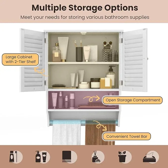 Tangkula Wall Mounted Bathroom Cabinet with Open Shelf & Bar, Medicine Cabinet with Double Louvered Doors, Wall Storage Cabinet with Adjustable Shelf, for Bathroom Living Room Kitchen (White) - ModernBath