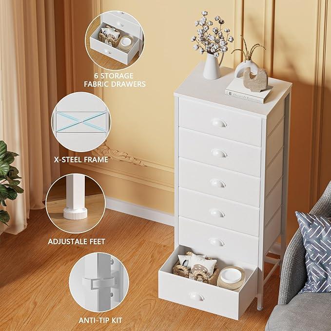 Furnulem White Tall Dresser for Bedroom,Vertical Storage Tower Unit and End Table with 6 Fabric Drawers, Nightstand Furniture with Drawer Organizer in Living Room,Closet,Entryway,Hallyway - ModernBath