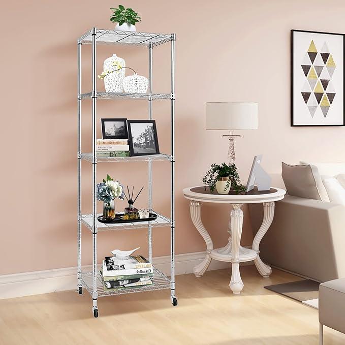 BNSPLY 5 Tier Narrow Wire Shelving Unit with Wheels, Height Adjustable Wire Shelves with NSF Certified, Mobile Metal Storage Rack for Kitchen, Laundry, Bathroom (17.7" D x 23.6" W x 71" H, Chrome) - ModernBath