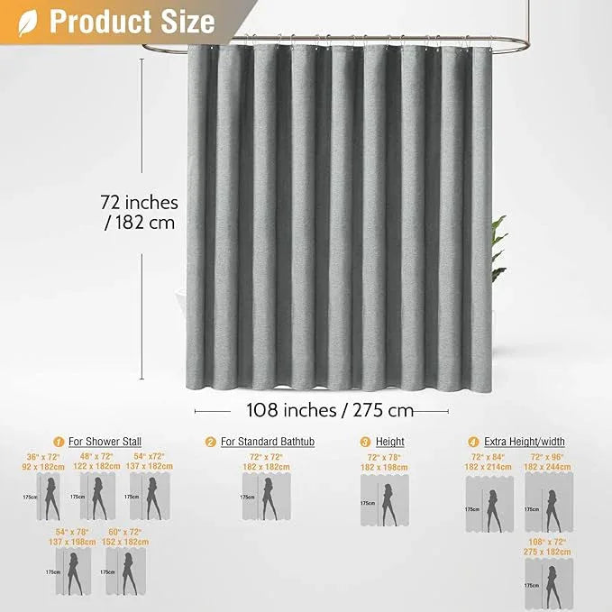 BTTN Extra Wide Shower Curtain - 108x72 Inch Linen Textured Waterproof Fabric Shower Curtain Set with 18 Plastic Hooks, Large Modern Neutral Cloth Shower Curtains for Bathroom and Bathtub - Grey/Gray - ModernBath