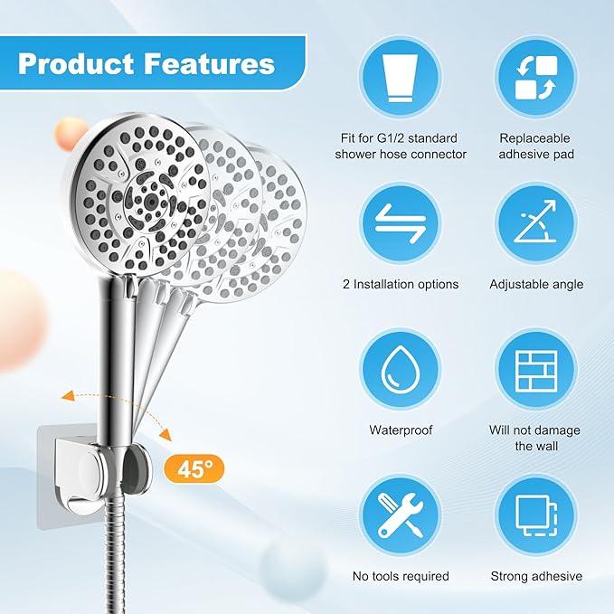 Hibbent 2 Pack Shower Head Holder - Strong Adhesive, Waterproof, Height Adjustable, Wall Mount, No Drilling, Chrome Finish - ModernBath