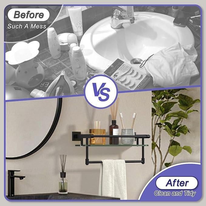 Glass Shelf for Bathroom 16 Inch Bathroom Shelves with Towel Bar, Tempered Glass Shelves with Stainless Steel Towel Holder for Wall Shelf Sink Over Toilet (Matte Black) - ModernBath
