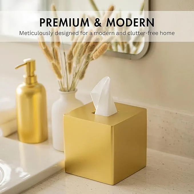 Yew Design Gold Square Tissue Box Cover, Decorative Tissue Box Dispenser for Bathroom, Parlors, Office, Bedroom Dresser, Vanity Countertop, Nightstand, Car, and Desk - ModernBath