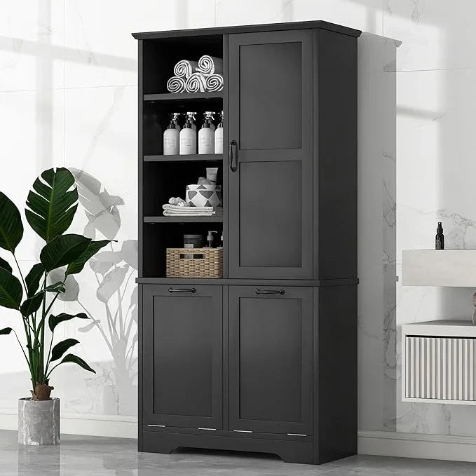 Bathroom Storage Cabinet with Doors and Drawers, Tilt-Out Laundry Hamper, Multiple Storage Space, Freestanding Style, Open Shelve, Adjustable Shelf (Black) - ModernBath