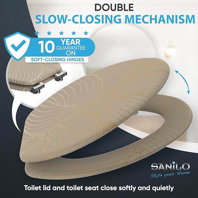 SANILO Wooden Toilet Seat with Soft Close [ELONGATED] - Decorative, Quiet & Slow Close Molded Wood Seat - With Strong Bumpers & Hinges - Adjustable Fit - Hosta - ModernBath