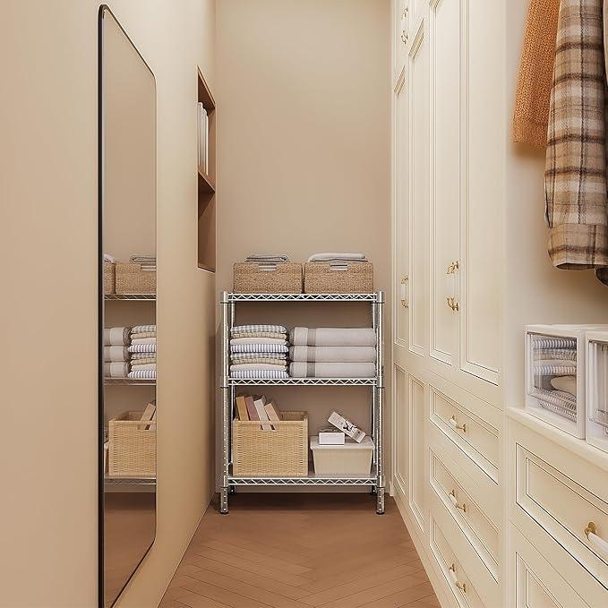 750 lbs 3 Tier Storage Rack Metal Wire Shelving Unit, Storage Standing Shelf Organizer for Laundry Bathroom Kitchen Pantry Closet Garage Basement Utility Room, Chrome 13.8" D x 29.5" W x 35.5" H - ModernBath