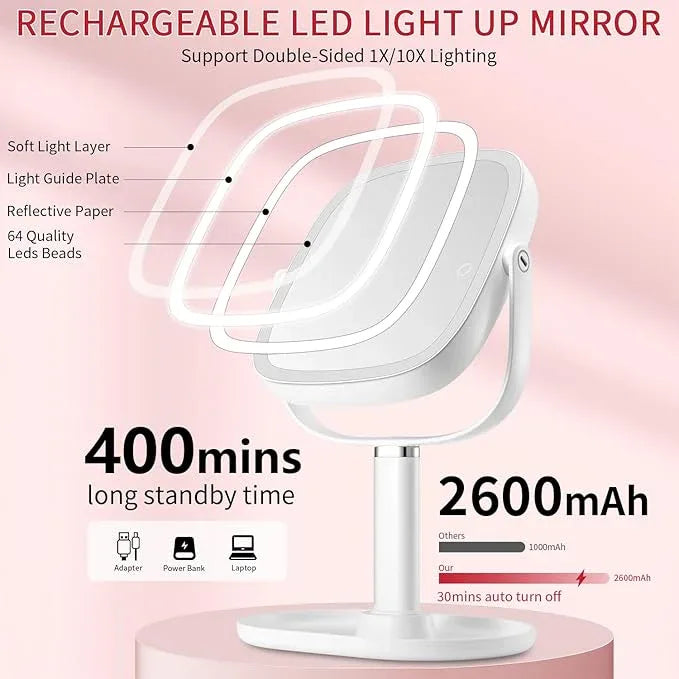 Lighted Makeup Mirror, 2600mAh Rechargeable 1x/10x Magnifying Vanity Mirror, 8.5" Height Adjustable Makeup Mirror with Lights 3 Color, 360° Rotation 2-Sided Light up Large Desk Mirror, Gifts for Women - ModernBath