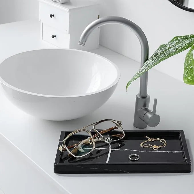 Amauto Natural Marble Vanity Tray Genuine Stone Storage Perfumes Tray Real Luxurious for Home Decor Bathroom/Vanity/Dresser Non-Resin/Non-Ceramic (Black) - ModernBath