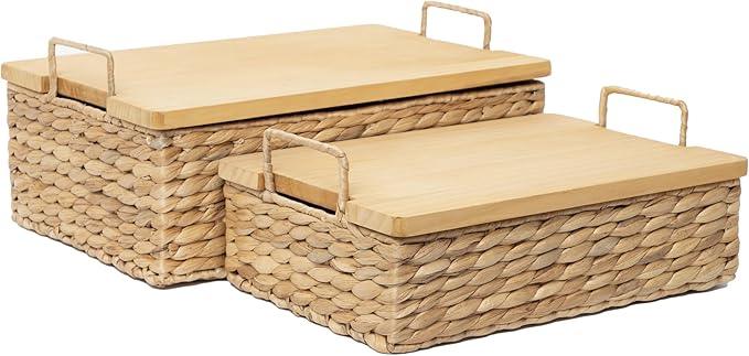 Handmade Water Hyacinth Woven Storage Basket with Lid, Multi - Functional Wicker Organizing Baskets (Set of 2) - ModernBath