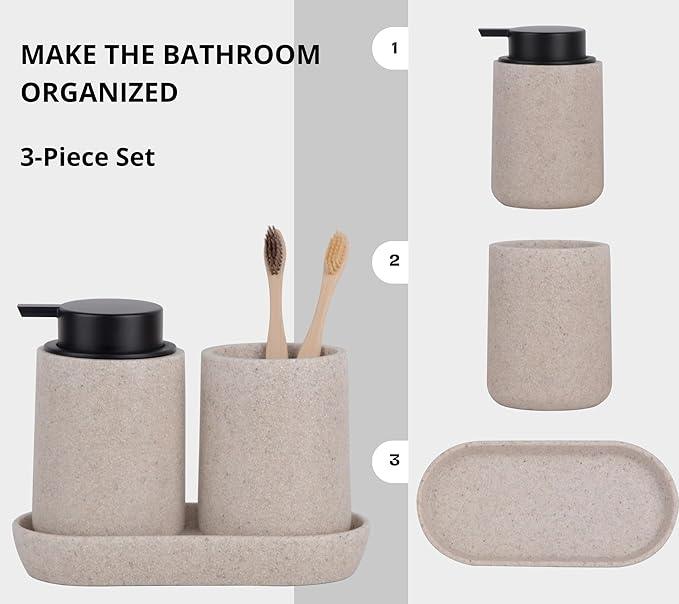 Clasin Home Beige Bathroom Accessories Set, 3 Pcs Resin Bathroom Accessories Complete Set, Sandstone Look Soap Dispenser with Large Pump, Toothbrush Cup, Soap Dish for Modern Home Decor and Kitchen - ModernBath