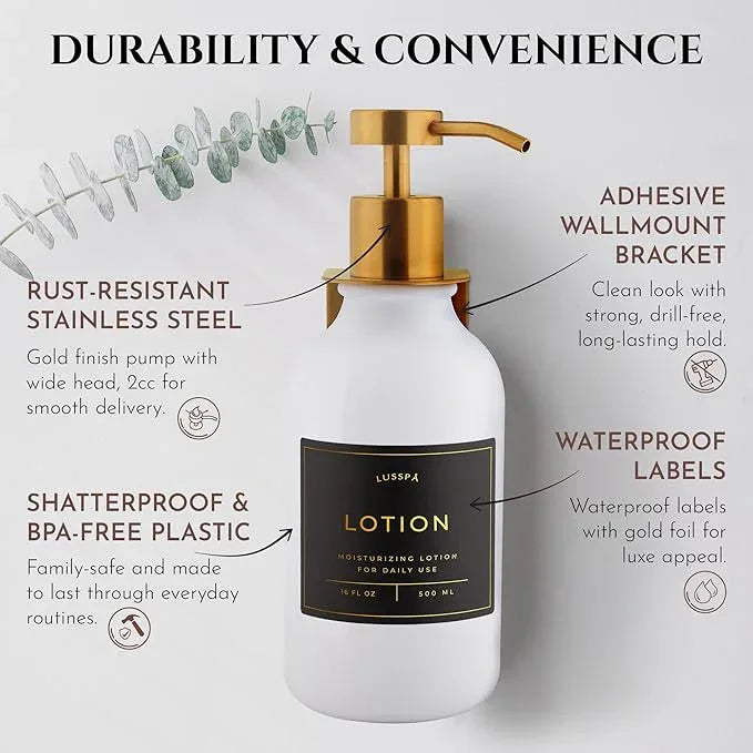 Shampoo & Conditioner Dispenser - Shower Soap Dispenser Wall Mounted - 16.9 Oz Plastic Bottle with Pump & Holder - Shampoo Dispenser - Shower Dispenser Chamber No Drill (1 X White/Gold) - ModernBath