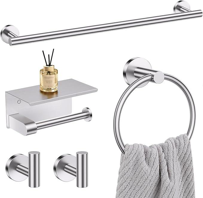 5-Piece Towel Bar Set Brushed Nickel Bathroom Hardware Accessories Set Upgraded Toilet Paper Holder with Shelf Towel Holder Set for Bathroom Stainless Steel Wall Mounted - ModernBath