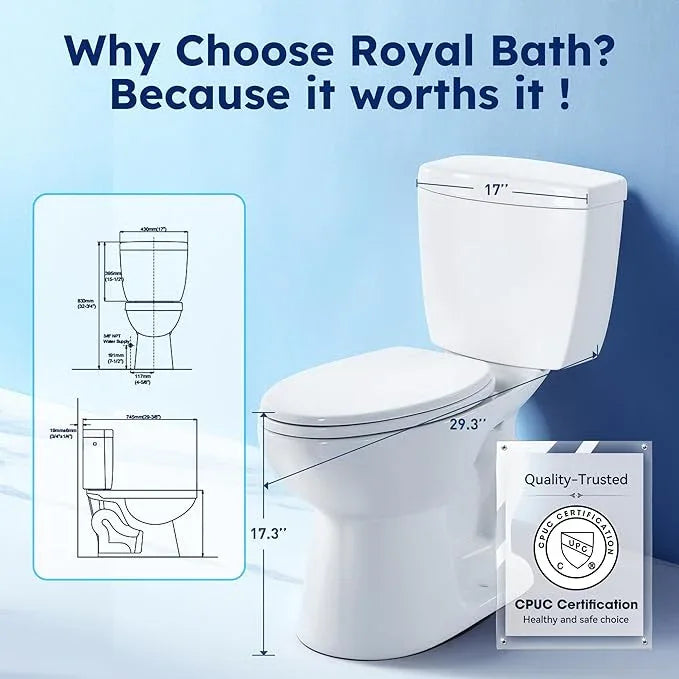 Royal Bath 360° TSUNAMI Flush Two-piece Toilet: 17.3" ADA Height, Nano Self-Cleaning, WaterSense/MAP/CUPC Certified, 1.01 Gal Side-Mounted Flush, Elongated Bowl & Soft-Close Seat,12" Rough-In - ModernBath