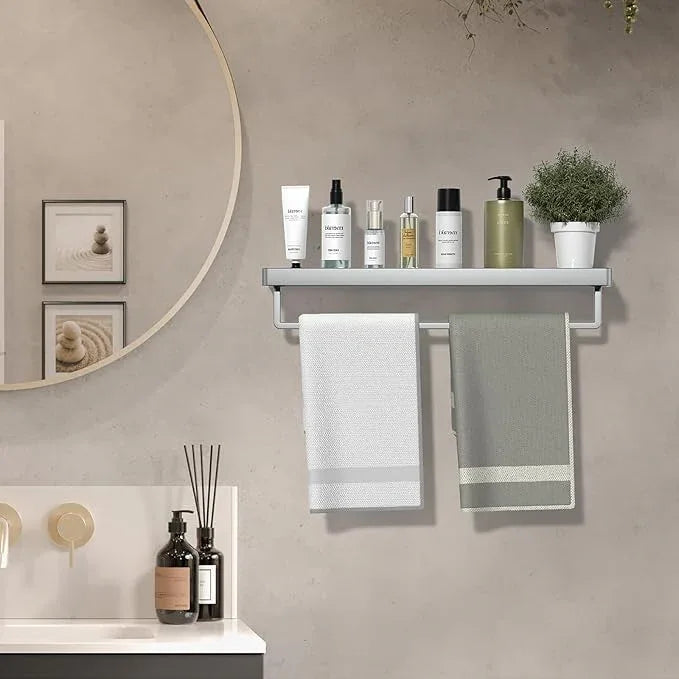 Bathroom Shelves Glass Bathroom Shelf with Towel Bar, Floating Shelves for Living Room/Study Room Tempered Glass Rectangular 1 Tier Organizer Wall Shelf (Chrome Polished, 20'') - ModernBath