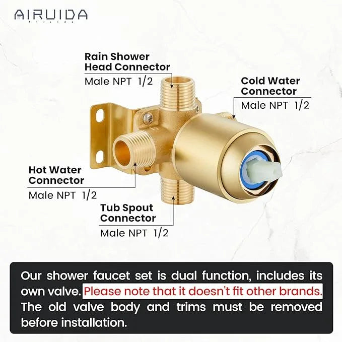 Airuida Shower Faucet Set and Handle Set Single Function Shower Trim Kit Ceiling Mount Rainfall Shower System with Male Threads and Rough-in Valve 12 Inch Square Shower Head Brushed Gold - ModernBath