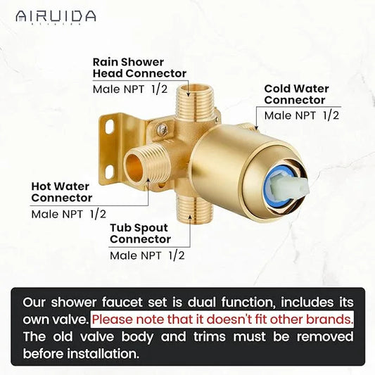 Airuida Shower Faucet Set and Handle Set Single Function Shower Trim Kit Ceiling Mount Rainfall Shower System with Male Threads and Rough-in Valve 12 Inch Square Shower Head Brushed Gold - ModernBath
