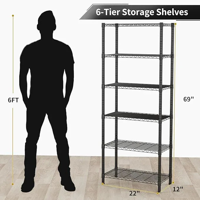 6 Tier Adjustable Storage Shelves,Heavy Duty Metal Utility Shelf 900LBS Capacity,Wire Shelving Unit Organizer Rack for Home,Kitchen,Office,Bathroom,Pantry Room,12" D x 22" W x 69" H,Black - ModernBath