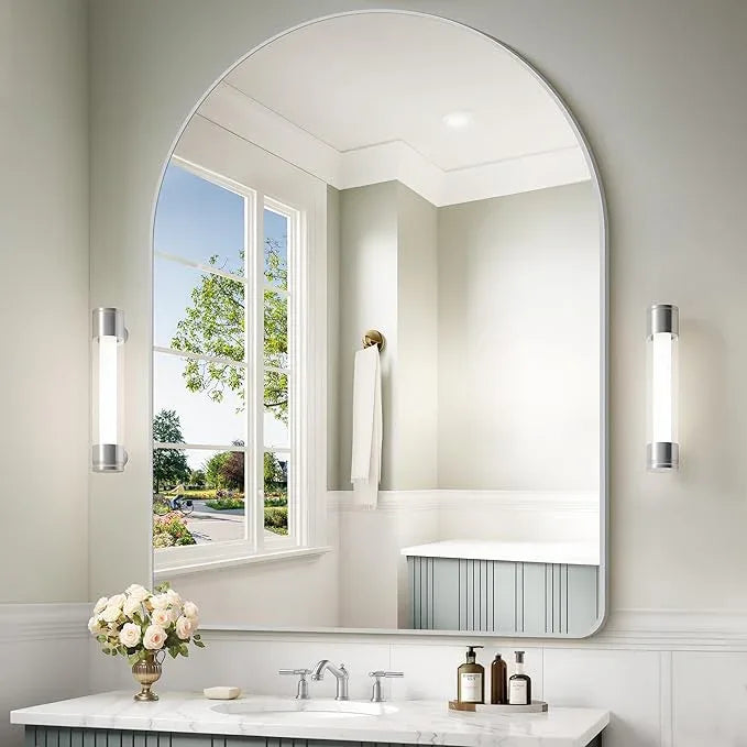 Arched Wall Mirror for Bathroom, 36"x48" Silver Arch Bathroom Mirror, Wall Mounted Mirror, Silver Vanity Wall Mirror w/Metal Frame for Bedroom, Entryway, Living Room, Vertically Hanging - ModernBath