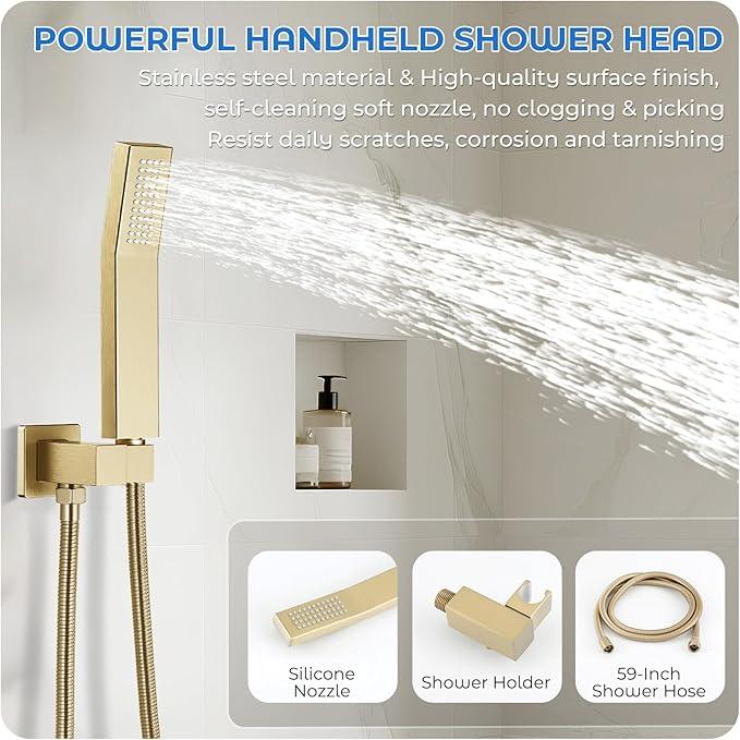 RNDIOZD Gold Shower Faucet Set, 10 inch Rain Shower System with Pressure Balance Valve, Wall Mounted 2-Functions Bathroom Shower Systems with Rain Shower and Handheld Spray Shower Trim Included - ModernBath