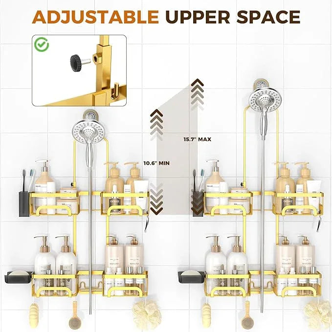REINHARDT Shower Caddy Hanging for Handheld Showerheads Adjustable Split Shower Caddy, Rustproof Shower Organizer with Hooks for Razors Over the Head Caddy with Soap Holder Bathroom Accessories, Gold - ModernBath