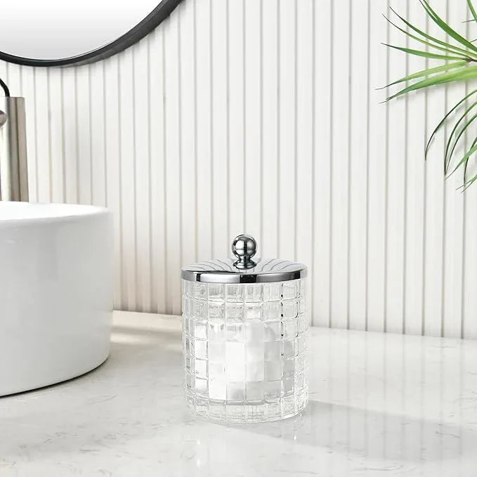 Indecor Home Glass Cotton Jar Holder Silver Lid, Elegant Bathroom Storage Canister for Qtips, Cotton Balls, Floss, Makeup Organizer, Vanity Bathroom Organization - ModernBath