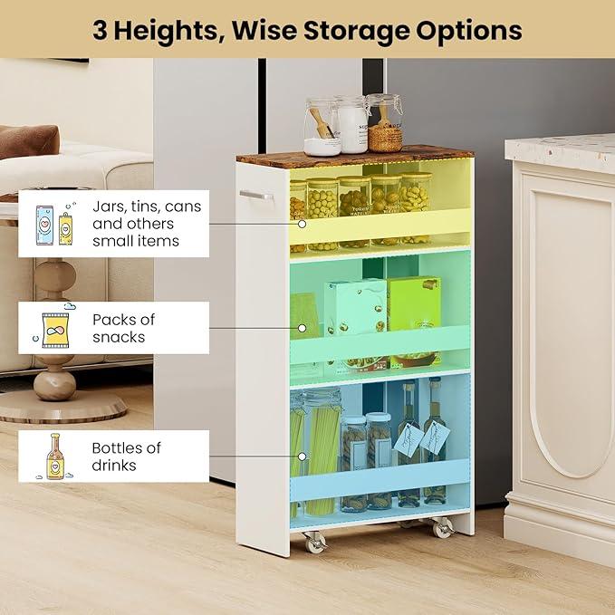 Small Kitchen Cart, 4-Tier Slim Rolling Island w/Handle, Laundry Room Storage Organizers Between Washer and Dryer, Narrow Spice Rack on Wheels Next to Fridge (White & Rustic Brown, 8'') - ModernBath