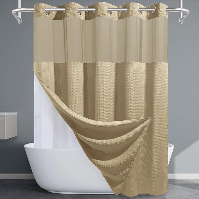 EUTXL Beige Long No Hook Shower Curtain with Snap in Liner,230GSM Waffle Weave Shower Curtains for Bathroom,71W x 86H - ModernBath