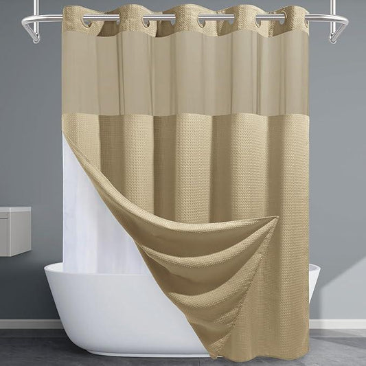 EUTXL Beige Long No Hook Shower Curtain with Snap in Liner,230GSM Waffle Weave Shower Curtains for Bathroom,71W x 86H - ModernBath