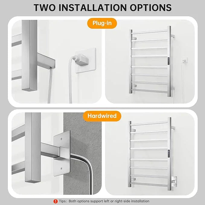 Towel Warmer Rack, Heated Towel Racks for Bathroom, Wall Mounted Towel Warmer, Stainless Steel 8-Bars Drying Rack with Intelligent Touch Screen Timer, Brushed Nickel - ModernBath