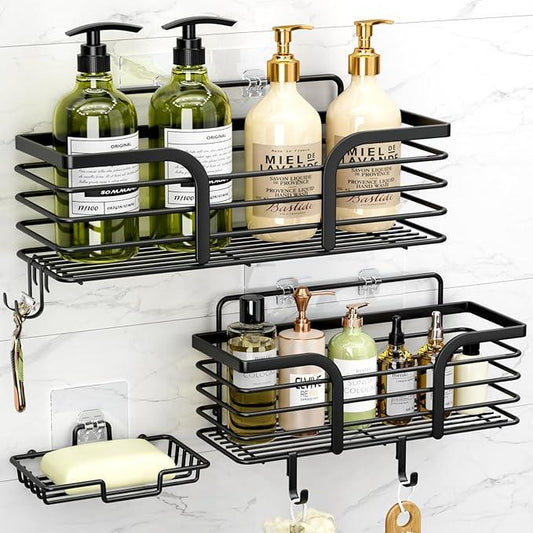 Shower Caddy, Adhesive Shower Organizer with Soap Dish and 4 Hooks, Rustproof Stainless Steel Shower Shelves, Wall Mounted No Drilling Storage Shelf Basket Accessories for Bathroom & Kitchen - ModernBath