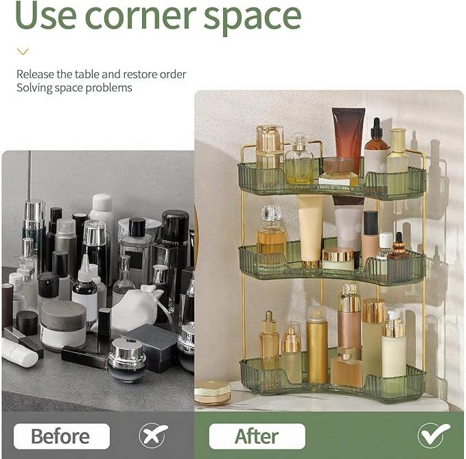 INVSSENE Corner Bathroom Countertop Organizer, Vanity Trays for Bathroom Counter, Makeup Organizer, Perfume Tray, Kitchen Spice Rack, Fits 90 Corner(Green, 3 Tiers) - ModernBath