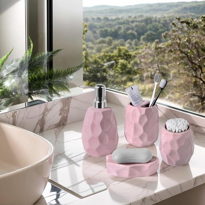 Ceramic Bathroom Accessories Set 4 PCS,Bathroom Toothbrush Holder Set,Soap and Toothbrush Holder Set,Include Toothbrush Holder,Soap Dispenser,Tumbler,Soap Dish,Bathroom Sets Decor Organizer (Pink) - ModernBath