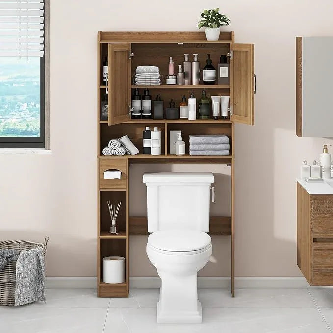 Farmhouse Rattan Storage Cabinet Over Toilet - 2 Door with Toilet Paper Holder - Space-Saving for Bathroom, Oak - ModernBath