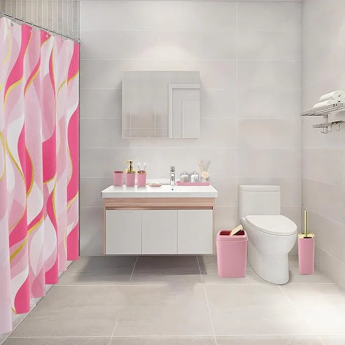 XLHOMO Pink Bathroom Set, Bathroom Sets with Stripe Shower Curtain, Pink and Gold Bathroom Accessories with Trash Can, Soap Dispenser, Soap Dish, Toilet Brush Holder, Qtip Holders for Bathroom - ModernBath
