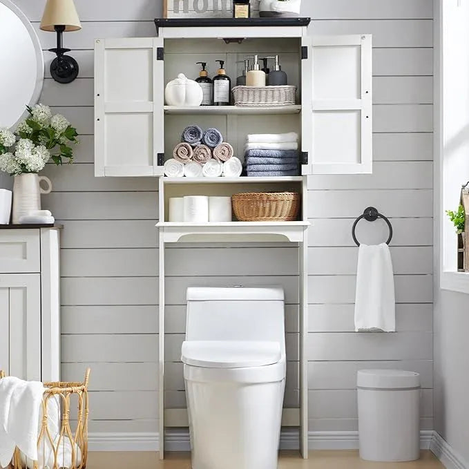 ACCOHOHO Over The Toilet Storage Cabinet, Farmhouse Bathroom Cabinet with Adjustable Shelf & Barn Door, 67" Tall Over The Toilet Shelf, Off White - ModernBath