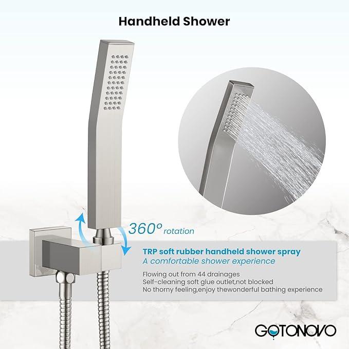 gotonovo Rainfall Bathroom Shower System Rain Shower Head and Handle Set Wall Mounted Shower Complete Combo Solid Brass Pressure Balancing Shower Mixer Valve 8 Inch Brushed Nickel - ModernBath