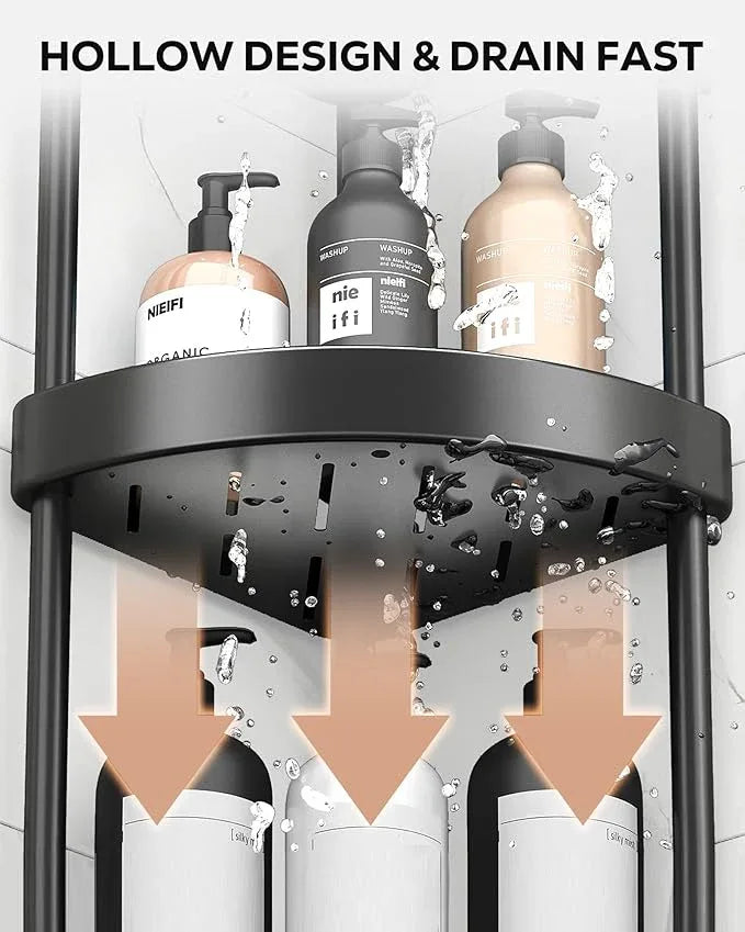 Nieifi Corner Shower Caddy Stand-4 Tier Rustproof Anodized Aluminum Standing Shower Organizer-Shower Caddy Corner-Dual Stability to Anti-Shaking-Height-Adjustable Legs for Uneven Surfaces-Black - ModernBath