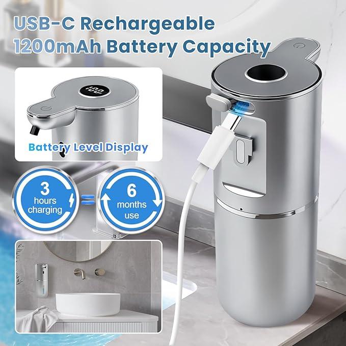 Automatic Soap Dispenser, Touchless Liquid Soap Dispensers, USB Rechargeable, 6-Level Adjustable Volume Control, 12.8oz/380ml, Wall Mount for Kitchen, Bathroom, Free Liquid Dispenser Stickers (Silver) - ModernBath