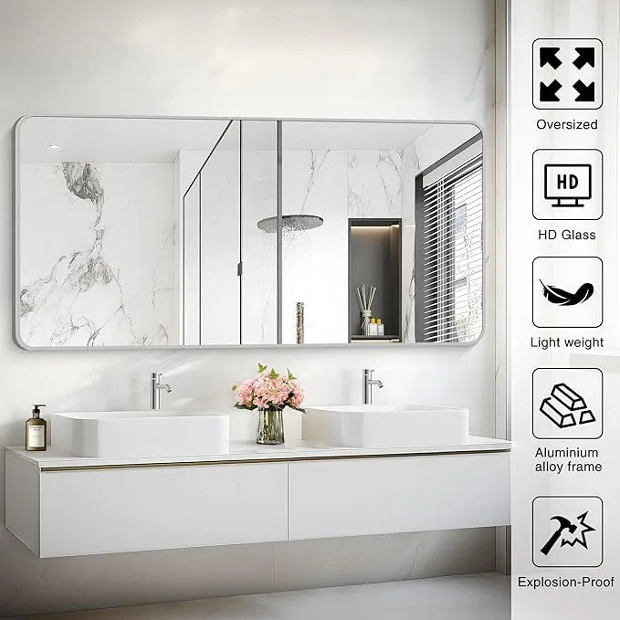 CIVENO 30x60 Inch Silver Bathroom Mirror, Large Rectangular Vanity Mirror, Metal Framed Rectangle Mirror, Rounded Corner Wall Mounted Mirrors for Living Room Bedroom Entryway Horizontal or Vertical - ModernBath