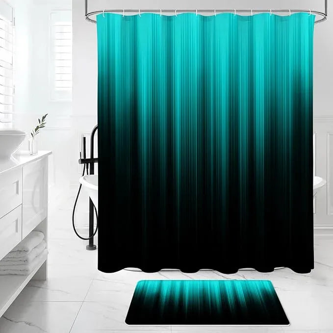 Litabel 4 Pcs Teal and Black Gradient Shower Curtain Set with Rugs and Toilet Lid Cover, Modern Simple Waterproof Fabric Bathroom Set, Ombre Stripe Gothic Abstract Bathroom Decor Set Accessories - ModernBath