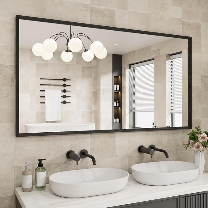 JISOSO Rectangle Bathroom Mirror 55x30 Inch, Matte Black Framed, 4MM Tempered Glass, Anti-Rust, Wall-Mount Vanity Mirror for Bathroom & Bedroom, Hangs Horizontally or Vertically - ModernBath