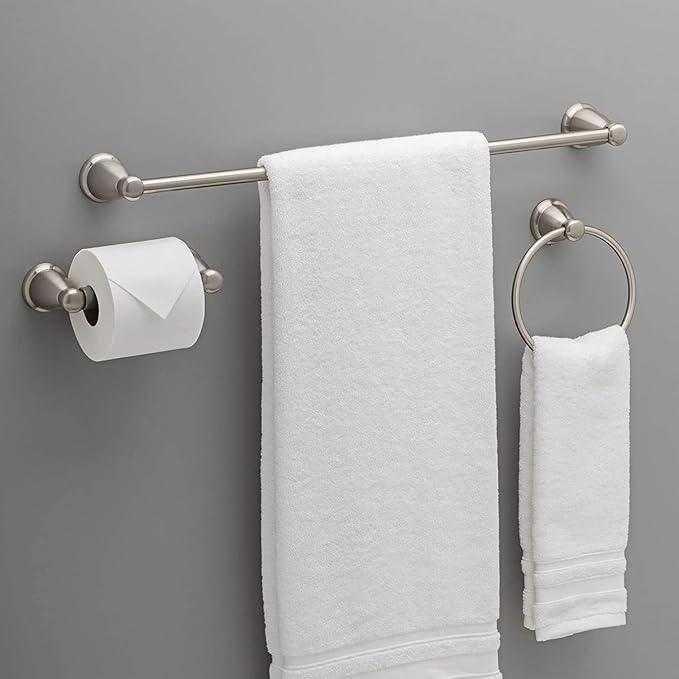 Franklin Brass Kinla 3-Piece Bathroom Set Satin Nickel 24" Towel Bar Rack, Toilet Paper Holder, Ring 3-Piece Hardware KIN3PC-SN - ModernBath
