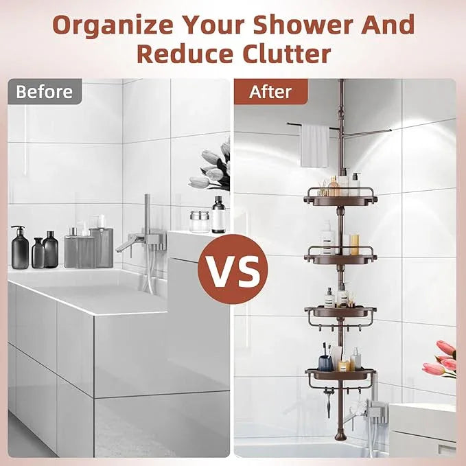 32-122inch Corner Shower Caddy Tension Pole Brown, Rustproof Drill-Free Shower Shelves for Bathroom Bathtub Washbasin, Adjustable Shower Organizer with 4 Tier Patent Stable Shelves & Towel Bars - ModernBath